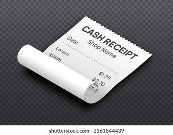 Isometric cash receipt. Curved bill from supermarket. Advertising, discount and promotion special offer for buyers. Financial literacy and assessment of daily expenses. Realistic vector illustration
