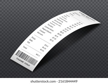 Isometric cash receipt. Curved bill from supermarket. Business and sales of goods, cost accounting and financial literacy. Store purchase confirmation. Goods evaluation. Realistic vector illustration