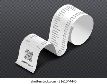 Isometric cash receipt. Curved long bill from supermarket. Business and marketing, discounts and special offers for buyers. Confirmation of purchases, financial literacy. Realistic vector illustration