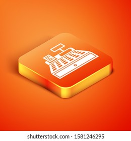 Isometric Cash register machine with a check icon isolated on orange background. Cashier sign. Cashbox symbol.  Vector Illustration