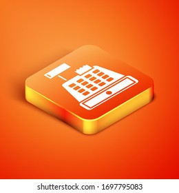 Máquina registradora de efectivo isométrica con un icono de cheque aislado en fondo naranja. Signo de cajero. Símbolo de caja. Ilustración vectorial