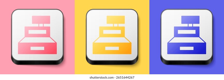 Máquina de registro de caixa isométrica com um ícone de cheque isolado no fundo rosa, amarelo e azul. Sinal do caixa. Símbolo de caixa. Botão quadrado. Vetor