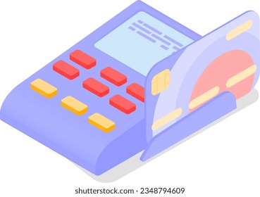 Isometric cash register, cash machine with credit card activates vector illustration. Isolated on white background.