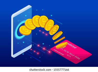 Isometric Cashback and Saving Money Concept. Money Refund. Digital Payment or Online Cashback Service. Electronic invoice.