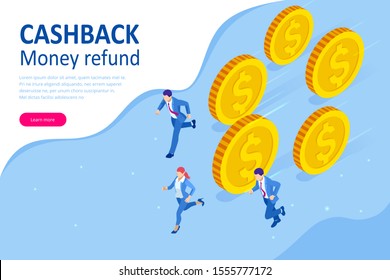 Isometric Cashback and Saving Money Concept. Money Refund. Digital Payment or Online Cashback Service. Electronic invoice.