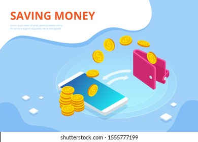Isometric Cashback and Saving Money Concept. Money Refund. Digital Payment or Online Cashback Service. Electronic invoice.