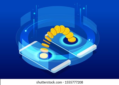 Isometric Cashback and Saving Money Concept. Money Refund. Digital Payment or Online Cashback Service. Electronic invoice.