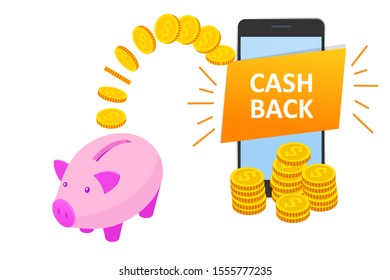 Isometric Cashback and Saving Money Concept. Money Refund. Digital Payment or Online Cashback Service. Electronic invoice.