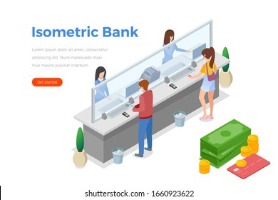 Isometric Cashdesk with People and Money Coins Bank Card icons vector illustration. Cashier operates with visitors at Bank cahs-desk.