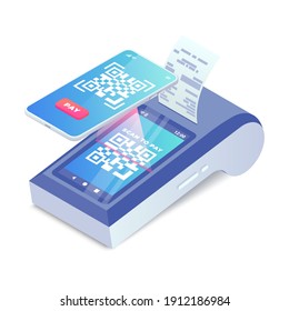 Isometric Cashless Payment machine with qr code on screen, smartphone scan to pay barcode vector concept. 3d Contactless payment, smart terminal with online cash desk print receipt