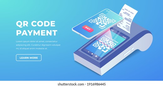 Isometric Cashless Payment machine with qr code on screen, smartphone scan to pay barcode vector banner. 3d Contactless payment concept, smart terminal with online cash desk print receipt