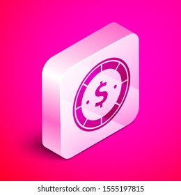 Isometric Casino chip with dollar symbol icon isolated on pink background. Casino gambling. Silver square button. Vector Illustration