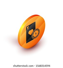 Isometric Casino chip and playing cards icon isolated on white background. Casino poker. Orange circle button. Vector Illustration
