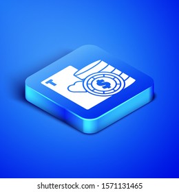Isometric Casino chip and playing cards icon isolated on blue background. Casino poker. Blue square button. Vector Illustration