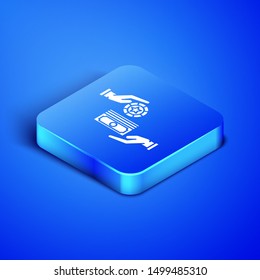 Isometric Casino chips exchange on stacks of dollars icon isolated on blue background. Blue square button. Vector Illustration