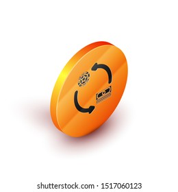 Isometric Casino chips exchange on stacks of dollars icon isolated on white background. Orange circle button. Vector Illustration