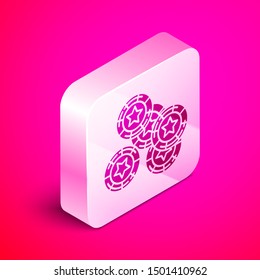 Isometric Casino chips icon isolated on pink background. Casino gambling. Silver square button. Vector Illustration