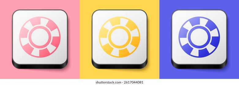 Isometric Casino chips icon isolated on pink, yellow and blue background. Casino gambling. Square button. Vector