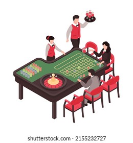 Isometric casino composition with isolated human characters at gaming table on blank background vector illustration