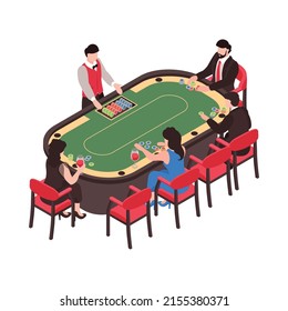 Isometric casino composition with isolated human characters at gaming table on blank background vector illustration