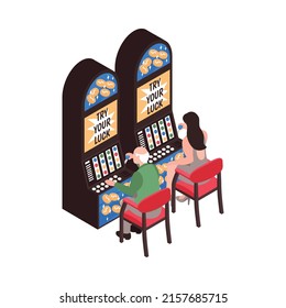 Isometric casino composition with isolated human characters at slot machines on blank background vector illustration