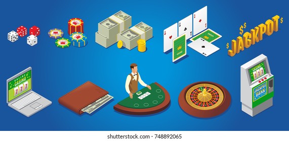 Isometric casino icons set with dice poker chips money playing cards jackpot online gambling wallet croupier roulette slot machine isolated vector illustration