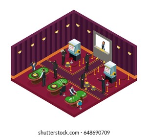 Isometric casino robbery concept with bandits in masks robbing visitors and workers in gaming room vector illustration 