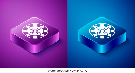 Isometric Casino roulette wheel icon isolated on blue and purple background. Square button. Vector