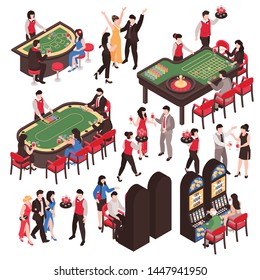 Isometric casino set with isolated characters of rich people and gaming tables with bankers and roulette vector illustration