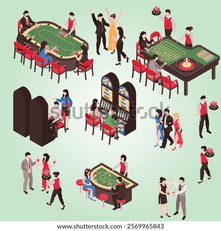 isometric casino set with isolated characters rich people gaming tables with bankers roulette vector