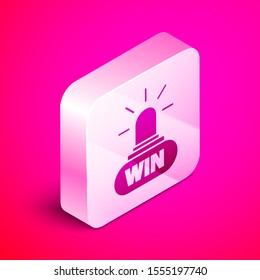 Isometric Casino win icon isolated on pink background. Silver square button. Vector Illustration