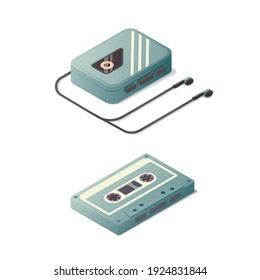 Isometric cassette and player. Vector illustration. Music listening. Isolated on white background.