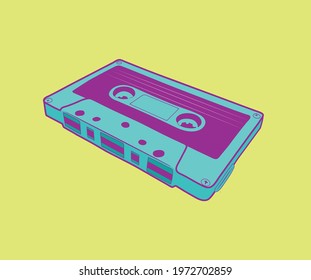 Isometric cassette tape illustration on yellow background. Vintage object. Psychedelic