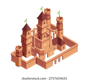 Isometric castle complex with towers, battlements and fortified structures. Vector brick medieval construction with flags. World building, game asset creation and architectural fantasy projects