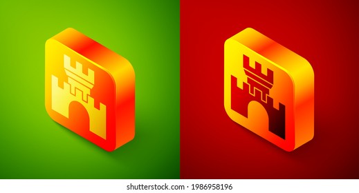Isometric Castle icon isolated on green and red background. Medieval fortress with a tower. Protection from enemies. Reliability and defense of the city. Square button. Vector
