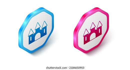 Isometric Castle icon isolated on white background. Medieval fortress with a tower. Protection from enemies. Reliability and defense of the city. Hexagon button. Vector