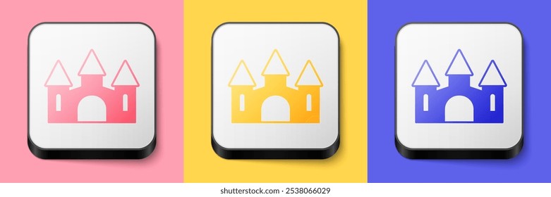 Isometric Castle icon isolated on pink, yellow and blue background. Medieval fortress with a tower. Protection from enemies. Reliability and defense of the city. Square button. Vector