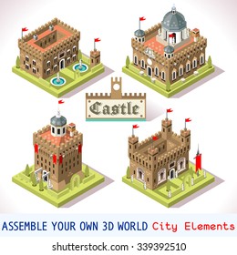 Isometric Castle Map Medieval Vector Set City Europe Game Palace Building. Android Strategic Game. Medieval Isometric Castle Vector 3D Flat Map Europe Landmark Castle Building Flag Tile Set Collection