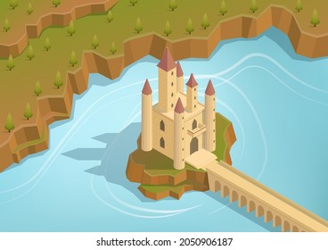 Isometric castle on an island in the middle of a lake with a long bridge