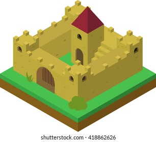 Isometric castle placed on green land