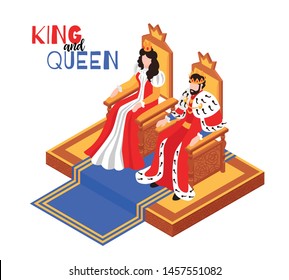 Isometric Castle Royal Interior Composition With Text And Characters Of King And Queen Sitting On Throne Vector Illustration