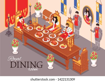 Isometric castle royal interior meal composition with text and indoor view of dining room in palace vector illustration