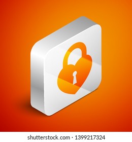 Isometric Castle in the shape of a heart icon isolated on orange background. Locked Heart. Love symbol and keyhole sign. Silver square button. Vector Illustration