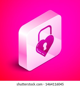 Isometric Castle in the shape of a heart icon isolated on pink background. Locked Heart. Love symbol and keyhole sign. Silver square button. Vector Illustration