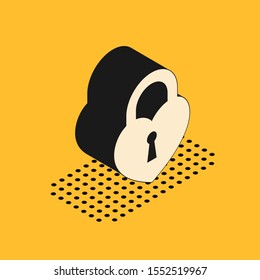Isometric Castle in the shape of a heart icon isolated on yellow background. Locked Heart. Love symbol and keyhole sign.  Vector Illustration