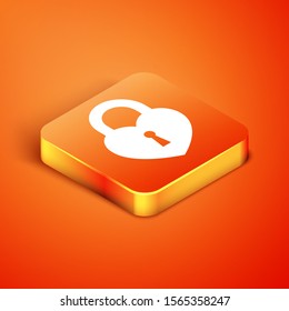 Isometric Castle in the shape of a heart icon isolated on orange background. Locked Heart. Love symbol and keyhole sign.  Vector Illustration