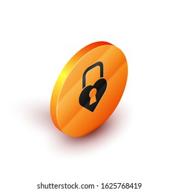 Isometric Castle in the shape of a heart icon isolated on white background. Locked Heart. Love symbol and keyhole sign. Valentines day. Orange circle button. Vector Illustration