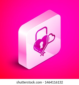 Isometric Castle in the shape of a heart and key icon isolated on pink background. Locked Heart. Love symbol and keyhole sign. Silver square button. Vector Illustration