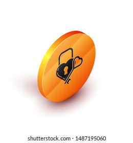 Isometric Castle in the shape of a heart and key icon isolated on white background. Locked Heart. Love symbol and keyhole sign. Orange circle button. Vector Illustration