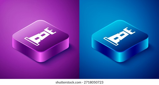 Icono isométrico de la torre del castillo aislado en fondo azul y púrpura. Señal de fortaleza. Botón cuadrado. Vector